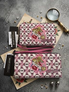 Ed Hardy “Swallows & Roses” with “EH” Monogram Zip-Around Wallet Bundle - EHW418